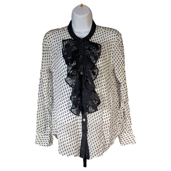 7 For All Mankind Silk Blouse Top Shirt Button Ruffle Long Sleeve White Black XS - Picture 1 of 6